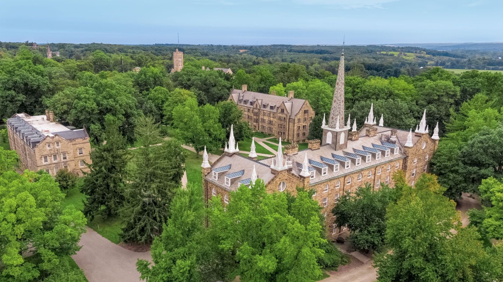 An aerial view of Kenyon's South Quad showing Old Kenyon, Leonard, and Hanna Residence Halls.